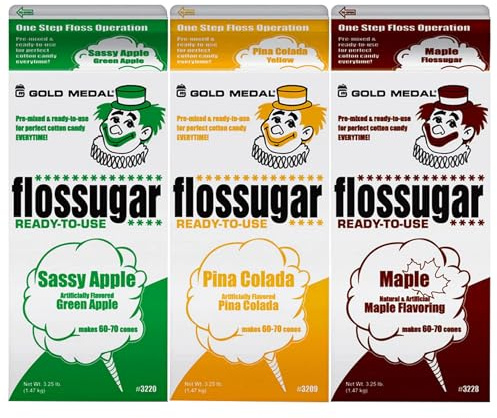 Cotton Candy Floss sugar Mix Flavors | Pack Of 3 | Green Apple, Pina Colada, and Maple Flavors | 1/2 Gallon Cartons