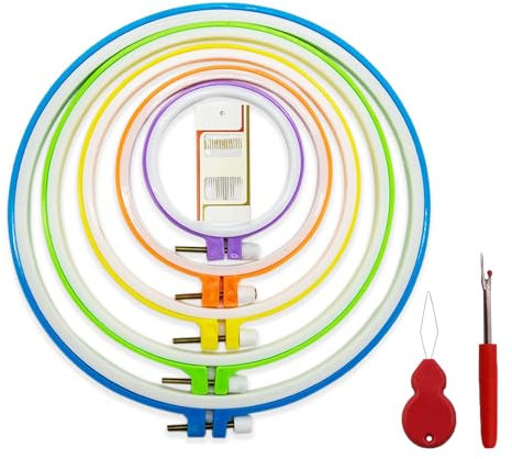 5 Größen,stickrahmen Kunststoff, buntes rundes Stickrahmen-Set,Embroidery Hoop,Kunststoff, Kreis, Kreuzstich, Ringe zum Basteln, Nähen, inklusive 16 Stück Nähnadeln mit goldenem Öhr und 1 Kreuzstichau