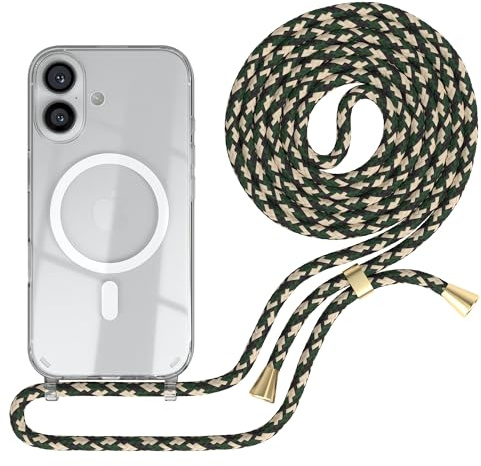 EAZY CASE - mobilkedja kompatibel med iPhone 16, kedja för upphängning, stötsäkert mobilskal för iPhone 16, silikonskal med rem, transparent mobilskal i Grön kamouflage