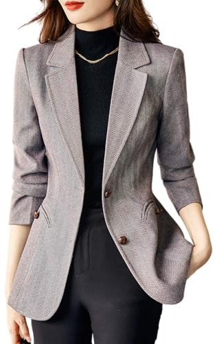 ebossy Women's Double Breasted Houndstooth Plaid Tweed Blazer Jacket Chic Notched Lapel Slim Office Coat Suits (2XL, Grey)