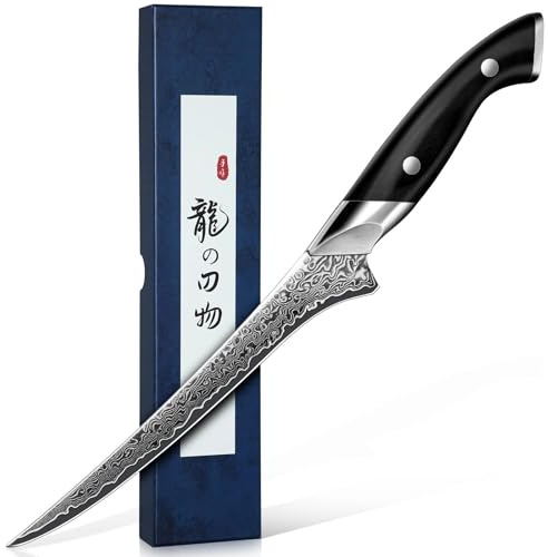 DRAGON RIOT Japanese Fillet Knife, 7 inch Meat Boning Knife with VG10 Steel Core, Damascus Pattern, Flexible Blade, Ergonomic Handle, Fishing Gift for Men