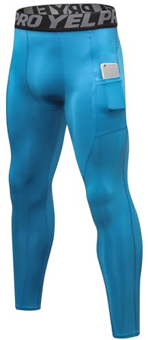 Yuerlian Blue Compression Running Leggings for Men Sports Tights Quick Dry Gym Exercise Base Layer Pants with Pockets for Training Workout Jogging