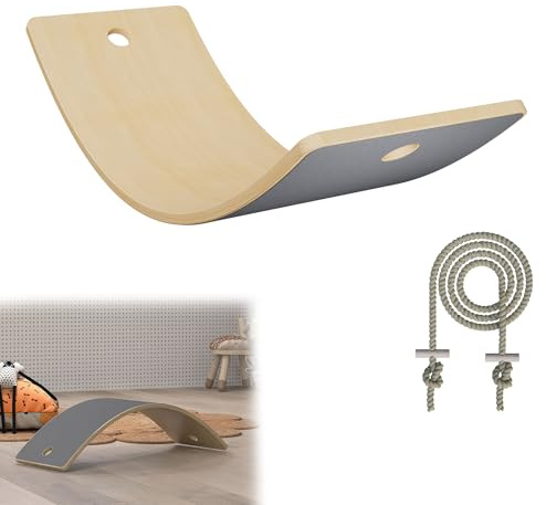 YRHome Grå balansbräda trä vingla bräda för barn – balanstränare 82 x 30 cm – balanseringsbräda för inomhus, gymnastik och fitness – halkbräda och gungleksak