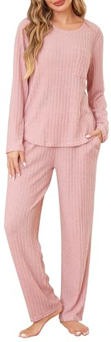 Vlazom Pyjamas for Women, Ladies 2 Piece Outfits Loungewear Sets Soft Ribbed Leisure Suits Pyjamas Set Long Sleeve Jumpers and Wide Leg Pants with Drawstring & Pockets Dusky Pink,L