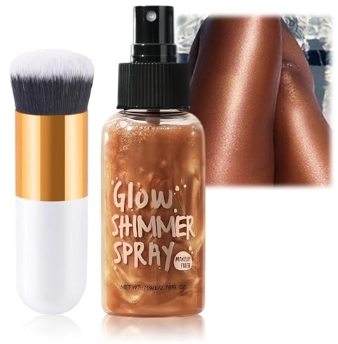 Bronze Gold Body Shimmer Oil Spray, Non-Sticky, Waterproof Formula. Lightweight, Face & Body Glow Illuminator. Includes Makeup Brush for Luminous Highlighter & Radiant Look