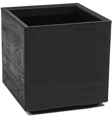 LAMELA Pflanzkübel mit Rollen 40 cm, 36L – Blumentopf aus Kunststoff in Holzoptik – Übertopf mit Wasserablauf – Modern für Innen & Außen - Wetterfest & Pflegeleicht, Schwarz