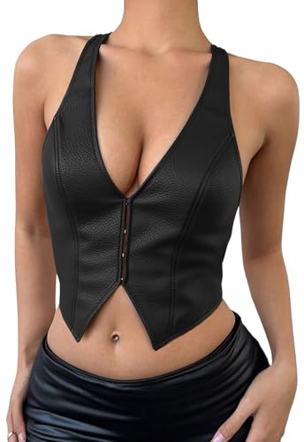 Maeau Crop Top Women Leather Tank Tops Sexy Halter Cami Tops Y2K Gothic Punk T-Shirts Raves Black L