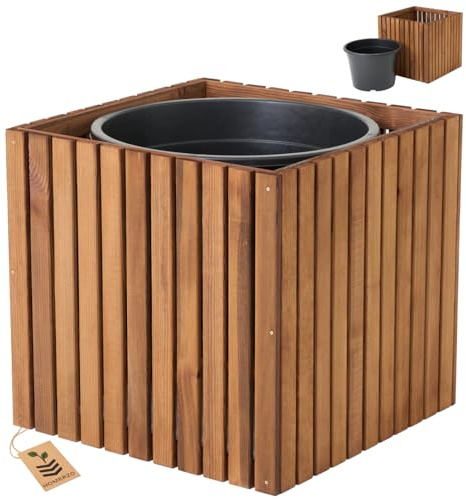 Großer XXL Pflanzkübel aus Holz 58x58x55 cm – imprägniert, mit 50L Einsatz & herausnehmbarem Boden – für Garten, Terrasse & öffentliche Bereiche (Vertikal-braun)