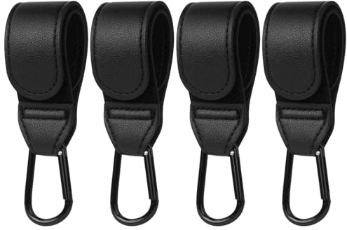 URAQT Ganci Passeggino, 4 Pezzi Nero Ganci per Passeggino Gancio per borsa della spesa, Gancio Passegginos Universale Sicuri Resistenti, Passegginos Accessori in Pelle, Antiscivol, Fino a 5 kg