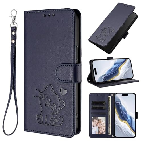 TUUNKMUY för Cricket Magic 2 5G fodral, flip PU-läder, präglad katt, stötsäker, bokplånboksfodral med stativ, magnetisk folio, TPU-stötfångare, gel, skyddande telefonfodral för Cricket Magic 2 5G blå