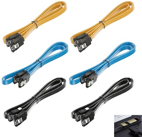 6 Piezas Cables SATA III, Cable de Datos SATA 3 6 Gb/s para HDD y SSD con Clip Metálico, Conectores Doble Rectos Cabeza Compatible con PC, Discos Duros y Unidades Ópticas (Negro, Azul, Amarillo)