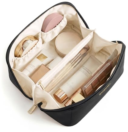 BAGSMART Large Travel Makeup Cosmetic Bag, Lay Flat, Clear Brush Pocket | PU Leather, Waterproof Make up Case, Women's Essentials, Holiday Gifts, Black