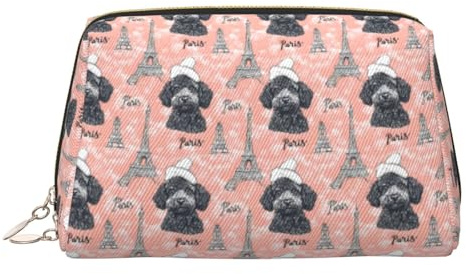 Nevjipu Grande trousse da viaggio per trucchi, in pelle di PVC con stampa di cucciolo di torre Eiffel, borsa per cosmetici da donna con cerniera, borsa portatile impermeabile per la cura della pelle