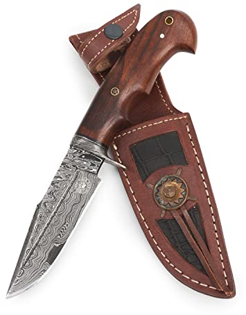 BIGCAT ROAR Deer Hunter - Couteau de Chasse Acier Damas 25,4 cm - Manche Bois de Noyer, Étui Cuir - Bushcraft, Survie, Outdoor - Idée Cadeau pour Homme Chasseur, Collectionneur ou Amateur Nature