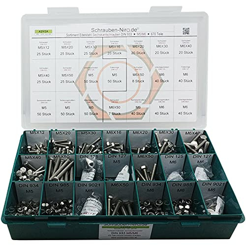 Sortiment M5 + M6 DIN 933 Edelstahl A2 (V2A) Sechskantschrauben mit Gewinde bis Kopf - Set bestehend aus Schrauben, Unterlegscheiben (DIN 125, 127, 9021) und Muttern (DIN 934, 985) - 670 Teile