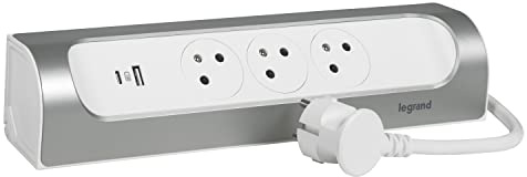 LEGRAND - Multiprise d'Angle - 3 Prises Surface avec Terre + Prise USB-C + Prise USB-A - Installation Horizontale ou Verticale - Cordon 1 m - Blanc et Alu