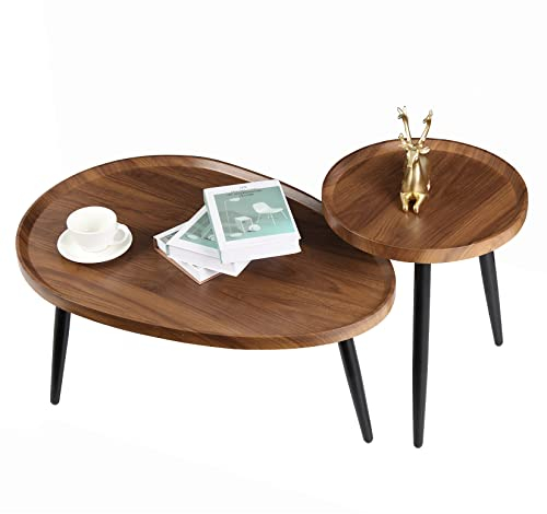 FATIVO Satztisch 2er Set Holz: Stabil Braun Holz Beistelltisch Set - Vintage Couchtisch Wohnzimmertisch Sofatisch mit Metallbeine - Klein 40×40cm / Groß 55×80cm