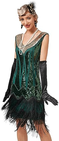 Viloree Gatsby 1920-tals ”flapper”-klänning för kvinnor, vintage, med paljetter, fransar, pärlor, art deco, fin klänning med ärm, för fest, bal, L