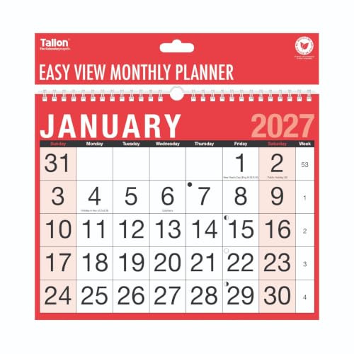 2027 Easy View Monthly Planner - Large Font Month To View A4 Wall Hanging Calendar - Spiral Bound Family Organiser