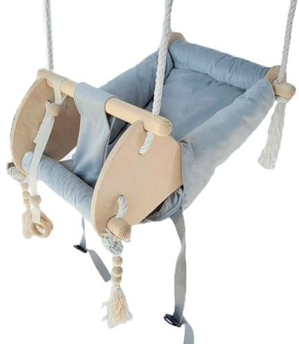 Love Gifts® Babyschaukel aus Holz hochwertig und geeignet als indoor Schaukel, Babywippe montierbar an der Decke sowie im Türrahmen, Farbe Grau