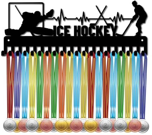 CREATCABIN Porte-Médaille de Hockey sur Glace Présentoir de Sport en Métal à Suspendre en Fer avec 20 Crochet pour Mur de Maison Badge Danseur de Football Gymnastique Ballet Noir 15.7 x 5.9,(1) cm