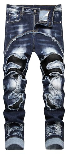 Enrica Men's Ripped Distressed Destroyed Patched Slim Fit Washed Stretch Jeans (DK Blue 860, 34)