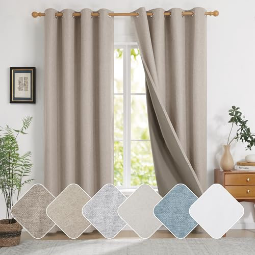 Deconovo Total Blackout Curtains with Microfiber Back Layer, Noise Reducing Faux Linen Eyelet Energy Saving Thermal Curtains for Boys Bedroom, 46 x 54 Inch, Khaki, 2 Panels