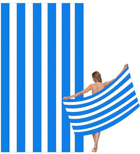 Large Quick Dry Microfibre Beach Bath Towel for Adult,Double Sides Blue White Striped Sand Free Beach Towel with Bag,Lightweight Gym Yoga Sports Towel,Compact Travel Summer Beach Towel for Women Men