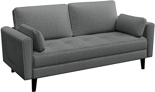 Yaheetech Fabric Sofa 2 Seater Sofa Couch with Side Storage Pockets, 2 Pillows Upholstered Couch for Living Room Bedroom Apartment Office Polyester Fabric Dark Grey