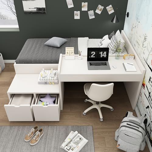 Merax Bunk Beds, Kids Single Wooden Storage Bed with Desk and Drawers, with Slatted Frame, Lying Surface for Teenagers & Adults, White, 90 x190 cm