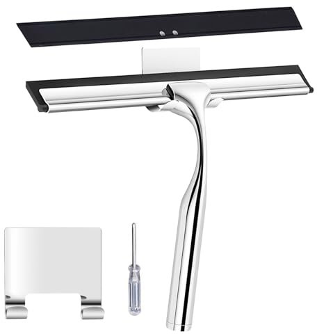 AMSGANK Rasqueta Limpiacristales para Ducha, 25.5cm Escobilla de Ducha Limpia Cristales in Acero Inoxidable con Gancho, Rasqueta Limpieza para Baño, Cristal, Espejo, Ventana (Plata)
