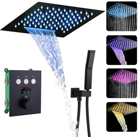 WRKMH Colonne Douche Encastrable, LED 16 Couleurs Colonne de Douche Thermostatique avec Affichage Numérique, Ensemble Douche Noir avec 2 Fonctionnel Pommeau de Douche