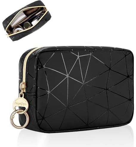 Grande Trousse Maquillage Femme Trousse de Toilette Fille en PU Cuir Imperméable Petit Pochette Rangement à Cosmétiques Kit Voyage Essentiels Produit Cadeau Amie Anniversaire 16 * 11 * 5 cm(Noir)