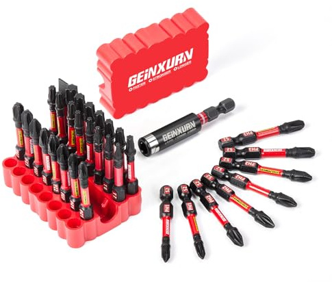 GEINXURN 33tlg. Schrauber Bit Set PH PZ Tx 50mm Länge, Kreuzschlitz Pozidriv Torx Schlagfester Magnetische Bitsatz, 1/4 zoll Sechskantschaft S2 Legierter Stahl und 60mm Bit Halter mit Rot Weiche Basis