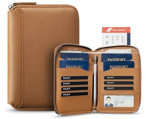VULKIT Porta Pasaporte Familiar de Cuero para 4-6 pasaportes, Estuche Organizador de Documentos Premium, Billetera de Viaje Grande para Parejas y familias.