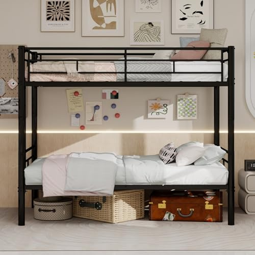 PUGSDRLY Lit Superposé Enfants 90x190 Convertible avec Haute Barrière de Securite,Espace de Rangement,Lit Superposé 2 Places en Fer pour Enfants Adolescents(B-Noir)