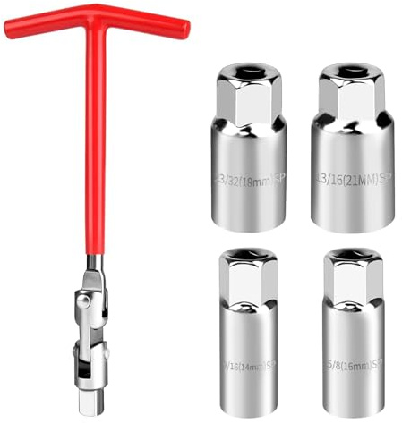 Juego de llaves de bujía - 5 piezas Llave Bujias, Forma de T Saca Bujias, Herramienta de extracción de bujías, Llave universal de bujías para la mayoría de los autos, motocicletas, cortacésped (Rojo)