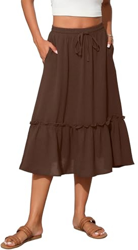 TASAMO Women's Elastic High Waist Flared Skirt with Tiered Hem and Adjustable Drawstring - Lightweight and Breathable for Everyday Wear