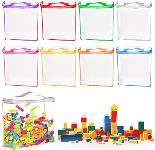 Deepton 8Pcs Toy Storage Bags with Zipper, PVC Toy Organiser Bags with Handle, Clear Waterproof Storage Bags for Building Blocks, Puzzles, Clay, Small Models, Board Games, Books, 8 Colors