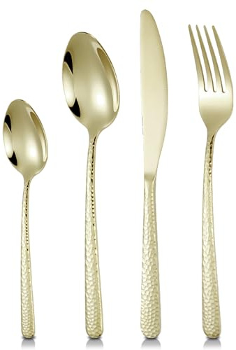Champagne Gold Cutlery Set, SEVERN LIVING, 32 Piece Polished Champagne Gold Stainless Steel Flatware Set, Silverware Tableware Set with Spoon Knife and Fork Set, Service for 8 People, Easy Clean