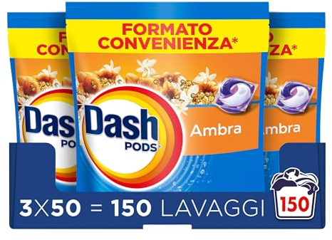 Dash Pods Detersivo Lavatrice In Capsule, 150 Lavaggi (3x50), Ambra, Rimuove le Macchie, Igienizza, Dona Freschezza, Brillantezza Per I Capi