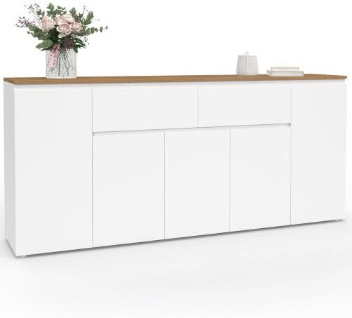 IDMarket - Aparador de 180 cm Toby 5 puertas y 2 cajones, color blanco y tablero de madera
