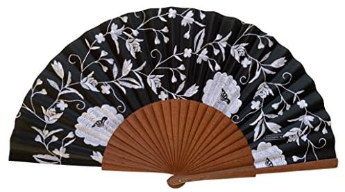 Abanico Español Manuela - Madera y Algodón - 23 cm - Estuche y Funda de Yute - Accesorio de Moda - Hecho a Mano en España - Eventos y Regalos - Colección Mantón - Tusitala Barcelona