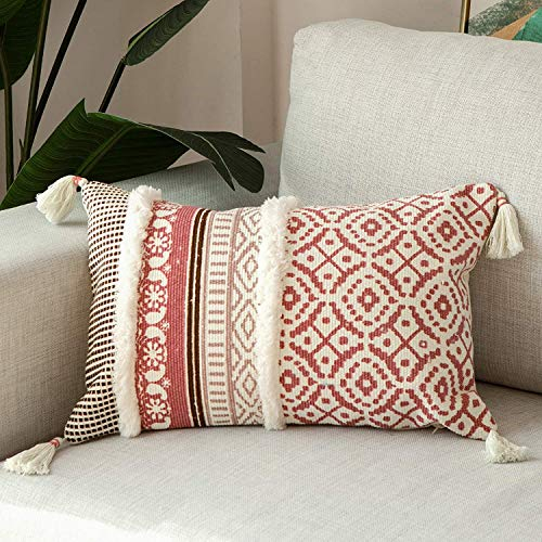 hi-home 1 Stück Boho Kissenbezug, Dekorative kissenbezüge mit Quaste Baumwolle Sofakissen 30x50cm Kissenhülle Dekokissen Kopfkissenbezug Kissen Boho Style für Sofa Schlafzimmer Wohnzimmer (Rosa)