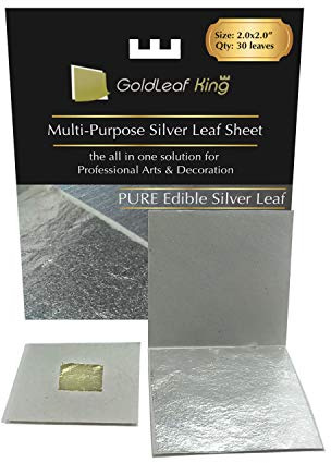 GoldleafKing Genuine Edible Silver Leaf Sheets | 30 Sheets - 2.0 x 2.0 inches for Cooking, Cake & Chocolate, Silver Fondant, Multi-Purpose, edible cake decorations + Free Small Gold Leaf x 10