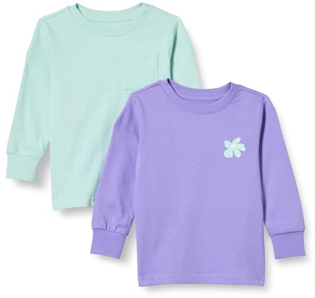 Amazon Essentials Camiseta de Manga Larga con puños Acanalados Unisex Niño, Pack de 2, Morado Claro/Verde Menta Flores, 3 años