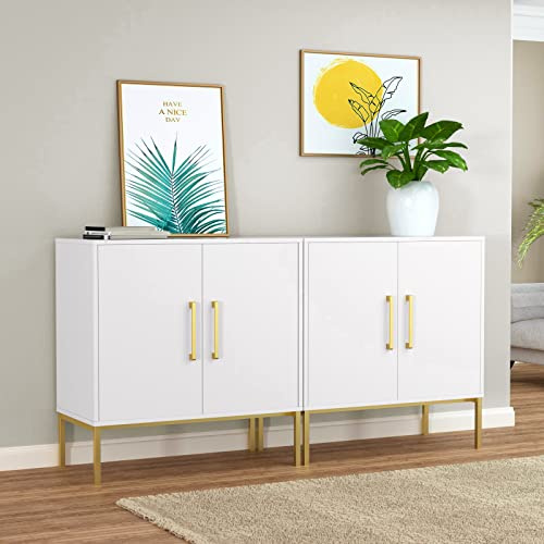JOZZBY Buffet Sideboard Cabinet with Storage, Modern Wooden Cabinet with Adjustable Shelves, White and Gold Cabinets for Living Room, Kitchen, Hallway, Set of 2
