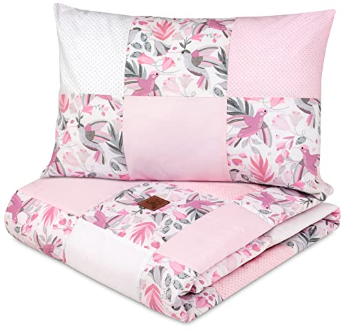 Pepi - Patchwork Baby Bettdecke und Kissen - Baby Decke und Kissen Set - Kinderbettdecke - Bettdecke 100x140 - Kissenbezug 40x60 cm - Baby Bettwäsche - Babybett Set - Baumwolle (Hummingbird)
