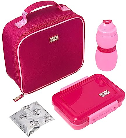 All-in-One Lunch Kit: Insulated Food-Safe Lunch Cool Bag with Internal net Pocket, 500ml Bottle, 550ml Lunch Box with clic-tite Clips, and ice Pack - Ideal for School and outings - Pink