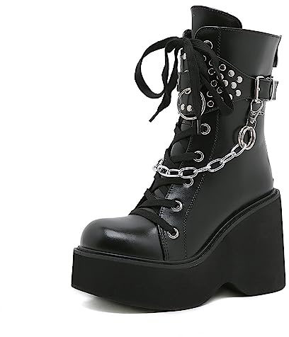 WeFloHsL Donna Stivaletti Anfibi Plateau con Tacco Zeppa Catena Borchiata con Lacci Punta Tonda Stivali Combattimento Punk Gotici,Nero,36 EU